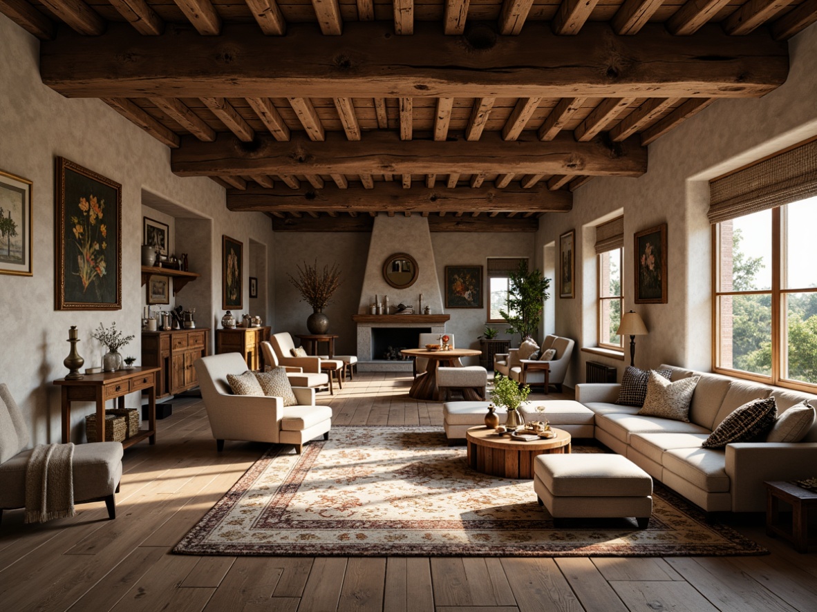 Prompt: Rustic farmhouse, curved lines, ornate metalwork, distressed wood, vintage furniture, plush cushions, natural fabrics, earthy color palette, wooden beams, stone fireplaces, floral patterns, botanical motifs, antique decorative items, soft warm lighting, cozy atmosphere, shallow depth of field, 1/1 composition, realistic textures, ambient occlusion.