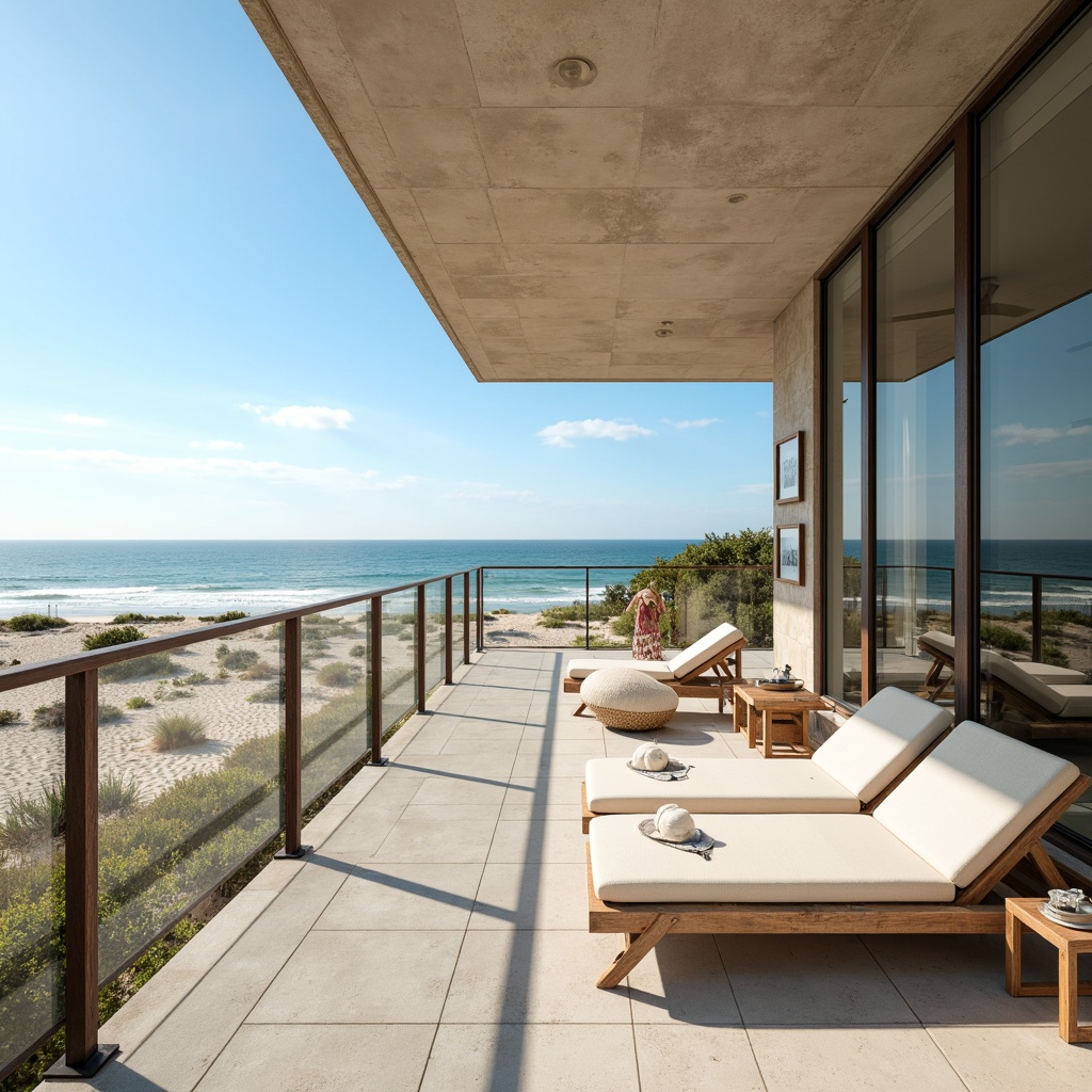 Prompt: Calming oceanfront penthouse, soft sandy dunes, serene sea views, gentle waves, driftwood accents, beachy color palette, pastel blues, whites, and sandy neutrals, natural textures, weathered wood, glass railings, modern minimalist design, open-plan living areas, floor-to-ceiling windows, sliding glass doors, ocean-inspired artwork, shell decorations, nautical-themed accessories, warm sunny day, soft diffused lighting, shallow depth of field, 3/4 composition, panoramic view, realistic reflections.