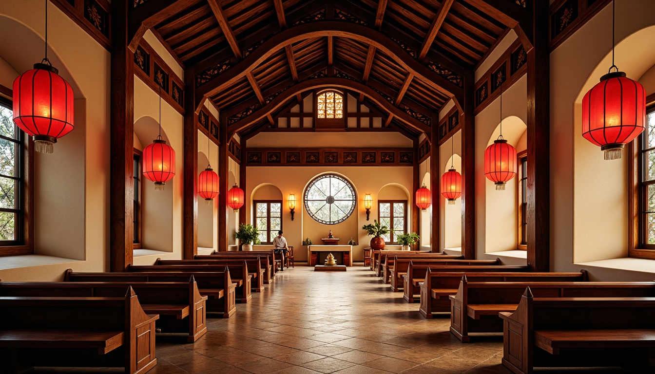 Prompt: Traditional Asian-style church, ornate wooden carvings, vibrant red lanterns, soft warm lighting, subtle golden accents, elegant curved lines, natural stone floors, serene ambiance, peaceful atmosphere, gentle candlelight, warm beige walls, intricate woodwork details, stunning stained glass windows, majestic high ceilings, dramatic spotlights, subtle uplighting, 1/1 composition, realistic textures, ambient occlusion.