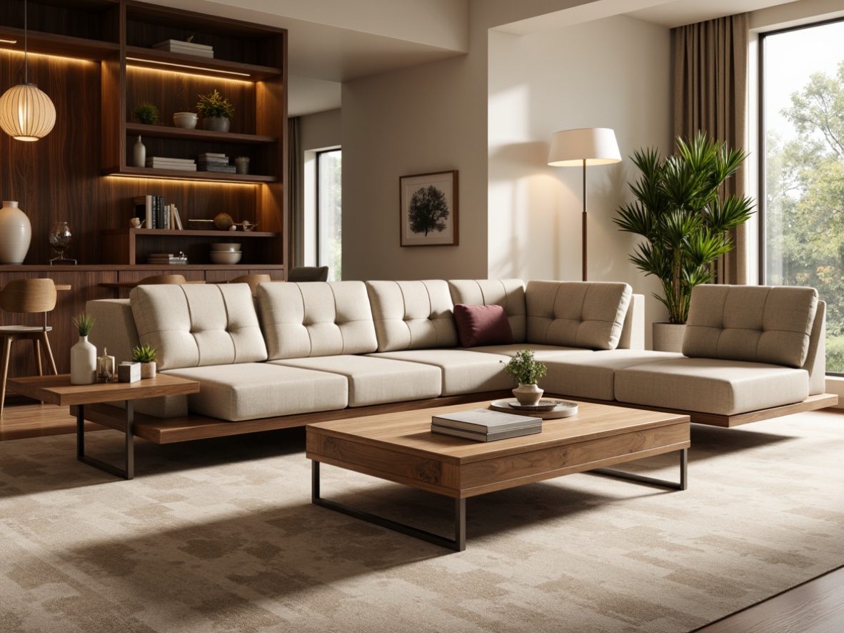 Prompt: Modern living room, sleek low-profile sofa, tufted upholstery, wooden coffee table, metallic legs, ambient floor lamp, minimalist decor, functional storage units, ergonomic chair design, adjustable armrests, breathable mesh fabric, walnut wood accents, soft beige carpeting, natural light pouring in, 1/2 composition, warm golden lighting, realistic material textures.