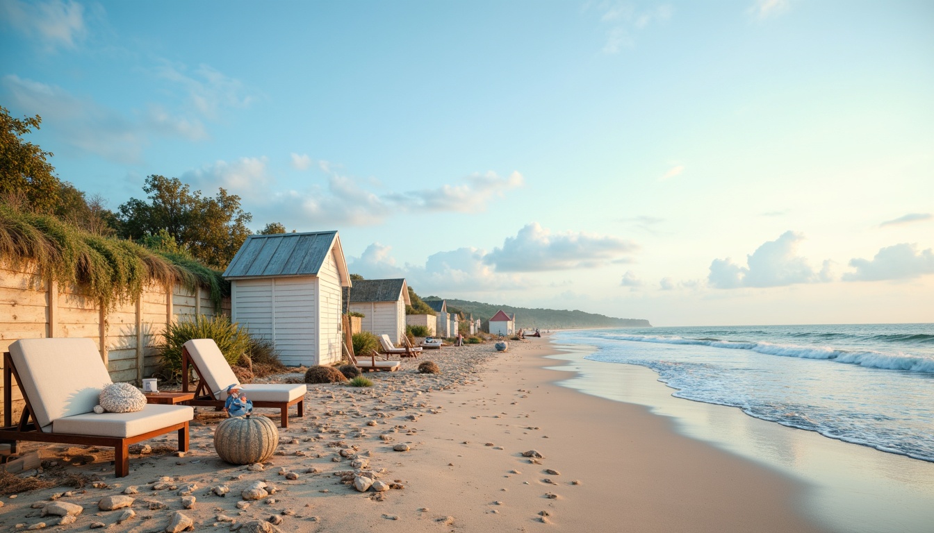 Prompt: Soft sandy beaches, calming ocean waves, clear blue skies, weathered driftwood, nautical ropes, sea salt air, pastel beach huts, vintage sailboats, distressed wood textures, faded lifeguard towers, coral pink sunsets, misty morning light, warm beige sand, shells and pebbles, ocean breeze, gentle surf, 1/1 composition, soft focus, natural lighting, atmospheric perspective.