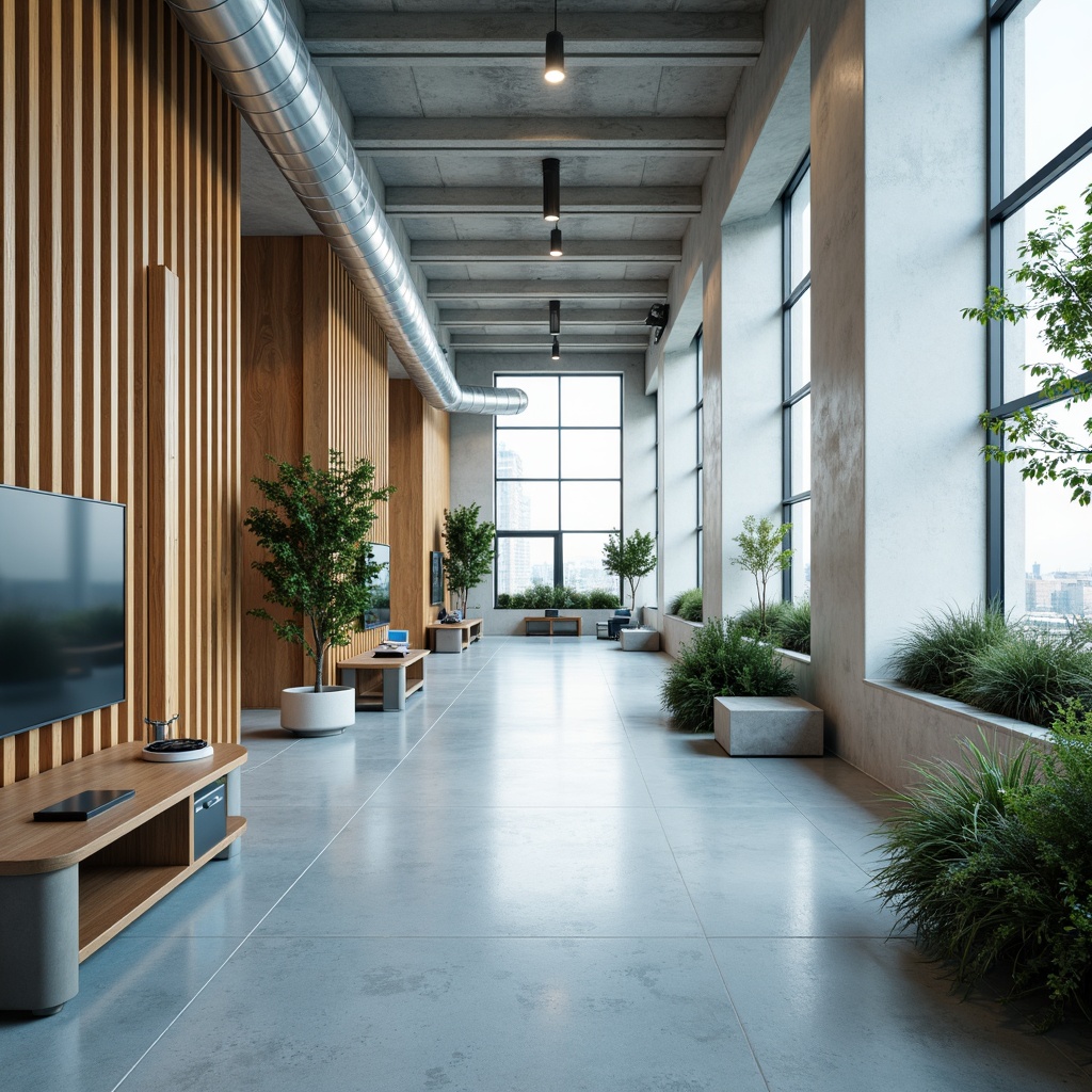 Prompt: Modern office space, calming atmosphere, soft blue tones, creamy whites, warm beige accents, natural wood textures, sleek metal furniture, minimalist decor, abundant greenery, floor-to-ceiling windows, indirect lighting, subtle gradient effects, 1/1 composition, realistic reflections, ambient occlusion.