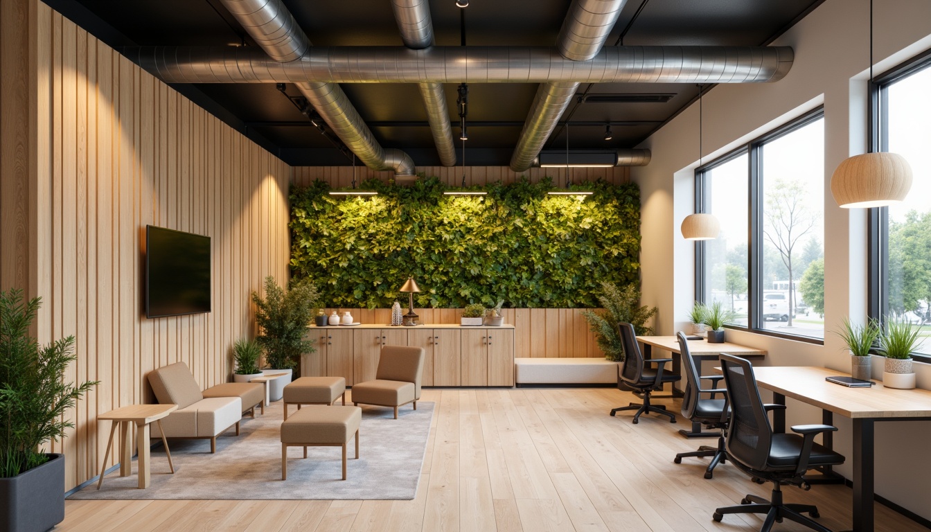 Prompt: Minimalist office space, light wood tones, natural textures, ergonomic chairs, sleek desks, geometric-shaped lamps, cozy nooks, greenery walls, industrial-chic exposed ducts, Nordic-inspired color palette, soft warm lighting, shallow depth of field, 3/4 composition, panoramic view, realistic textures, ambient occlusion.