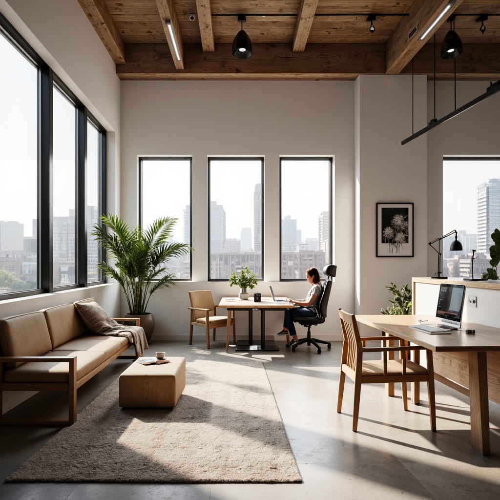 Prompt: Minimalist office space, light-filled atmosphere, wooden accents, natural materials, Nordic-inspired furniture, ergonomic chairs, sleek desks, geometric patterns, neutral color palette, cozy reading nooks, floor-to-ceiling windows, urban city views, modern Scandinavian architecture, industrial-chic lighting fixtures, textured rugs, potted greenery, abstract artwork, 1/1 composition, softbox lighting, subtle shadows, ambient occlusion.