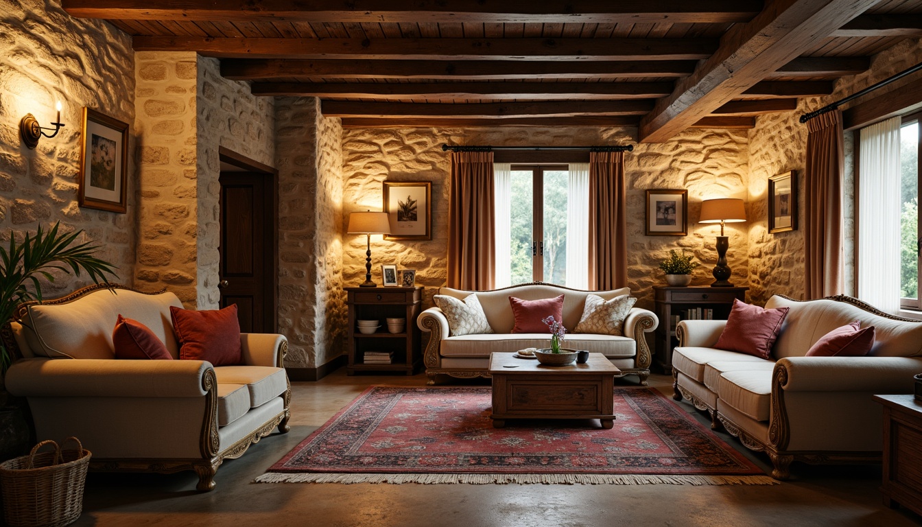 Prompt: Cozy basement, rustic stone walls, distressed wood beams, soft warm lighting, plush area rugs, velvety sofas, ornate wooden furniture, vintage decorative accents, toile de Jouy fabrics, elegant drapery, lace trimmings, natural linen upholstery, woven baskets, earthy color palette, subtle patterns, French country charm, intimate atmosphere, relaxing ambiance, 1/2 composition, warm color grading, soft focus effect.