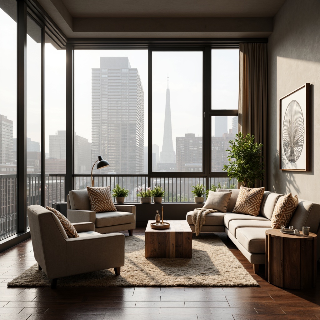 Prompt: Cozy living room, plush sofas, velvet armchairs, reclaimed wood coffee tables, industrial metal lamps, soft beige rugs, floor-to-ceiling windows, natural light pouring in, urban cityscape views, modern minimalist decor, monochromatic color scheme, statement artwork pieces, geometric patterned throw pillows, luxurious faux fur throws, ambient warm lighting, 1/1 composition, shallow depth of field, realistic textures.