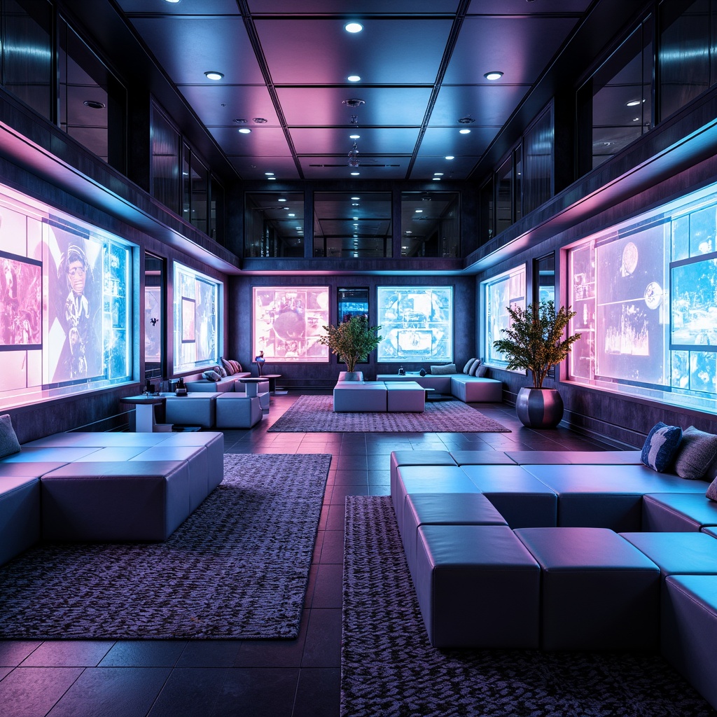 Prompt: Futuristic interior space, metallic accents, neon-lit walls, holographic displays, levitating furniture, translucent glass tables, iridescent color schemes, ambient LED lighting, high-gloss finishes, synthetic leather upholstery, carbon fiber details, 3D-printed decor, geometric patterned rugs, minimalist aesthetic, sleek lines, cutting-edge technology integration, virtual reality interfaces, augmented reality experiences, cyberpunk-inspired ambiance, dystopian futuristic atmosphere, cinematic lighting, dramatic shadows, 1/1 composition.