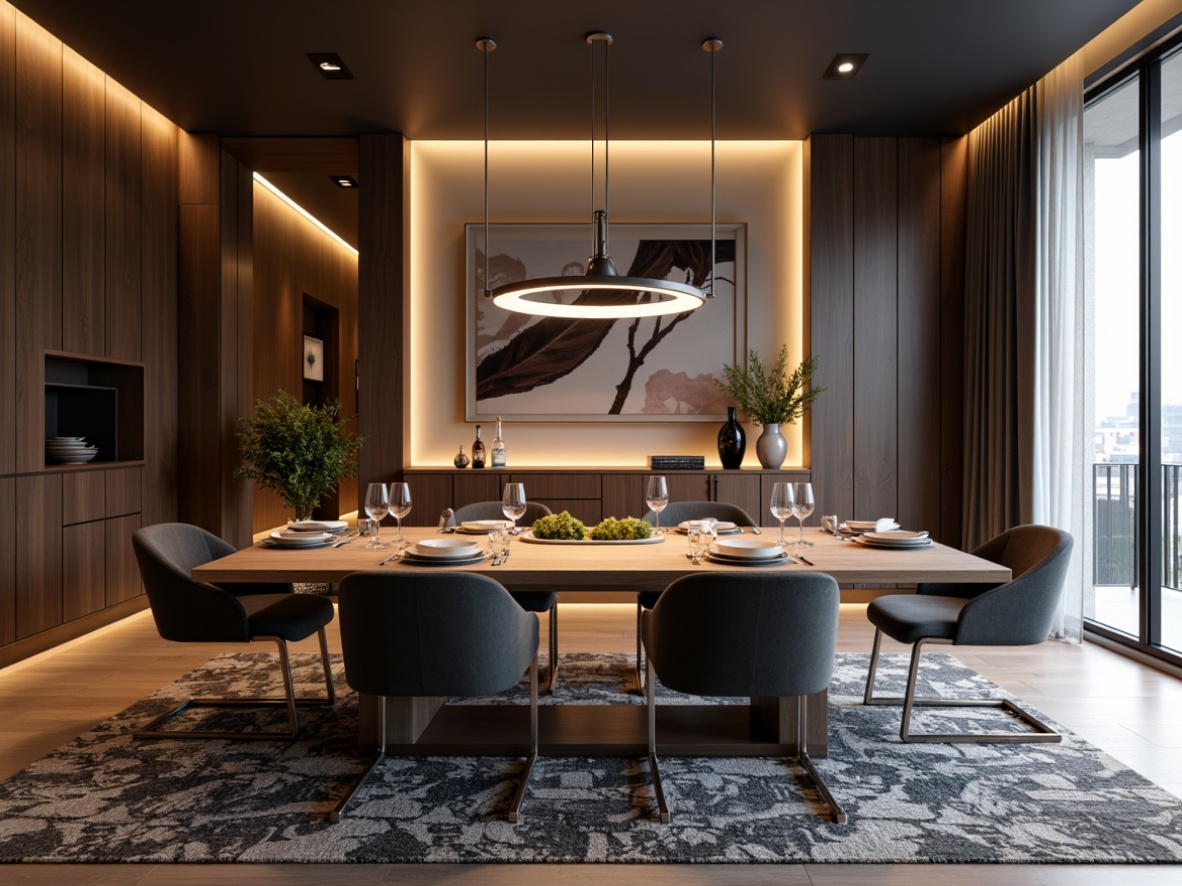 Prompt: Modern dining room, sleek wooden table, minimalist chairs, elegant glassware, sophisticated pendant lighting, textured rug, accent wall, bold color scheme, geometric patterns, luxurious velvet upholstery, metallic legs, ergonomic design, functional storage cabinets, ambient dimming, soft warm glow, 3/4 composition, realistic reflections, shallow depth of field.