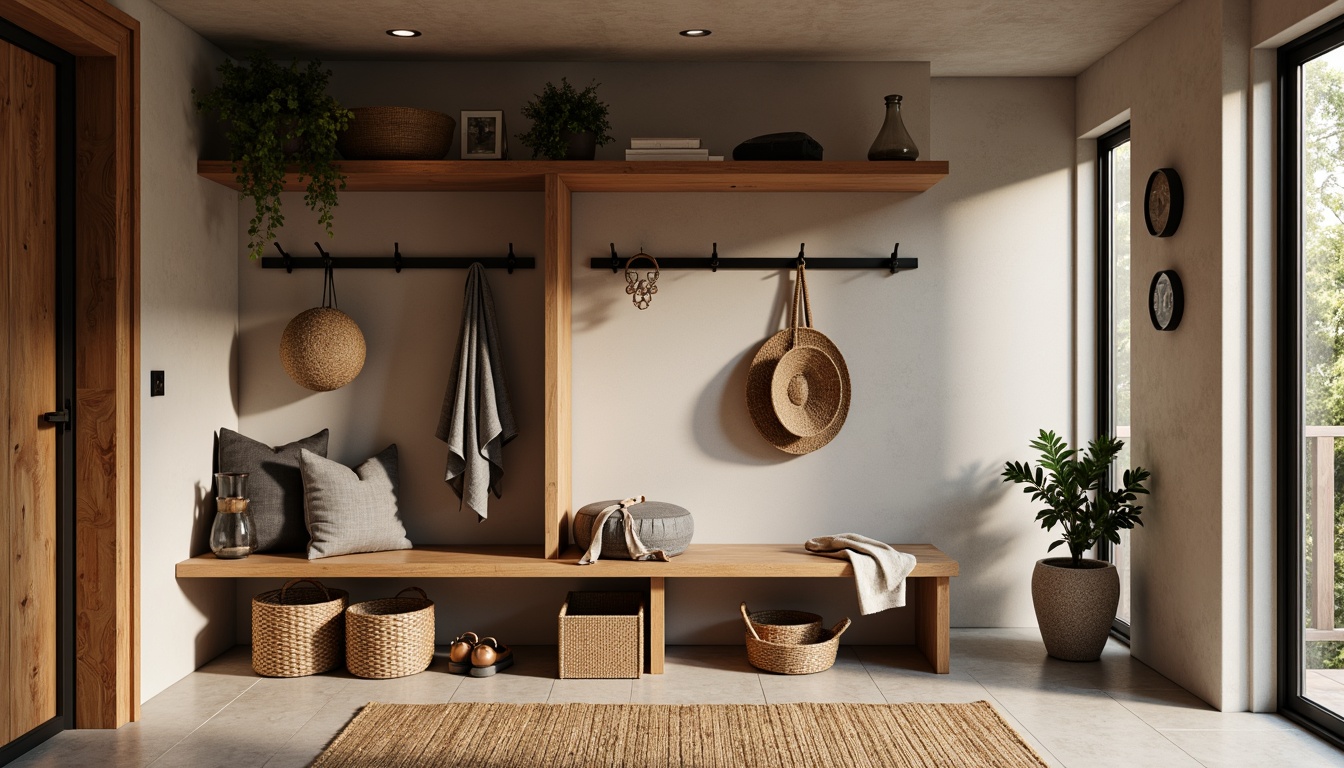 Prompt: Mid-century modern mudroom, wooden bench, woven baskets, natural fiber rugs, earthy tone walls, reclaimed wood accents, industrial metal shelves, minimalist decor, hidden storage compartments, sliding doors, matte black hardware, soft warm lighting, 1/1 composition, shallow depth of field, realistic textures, ambient occlusion.