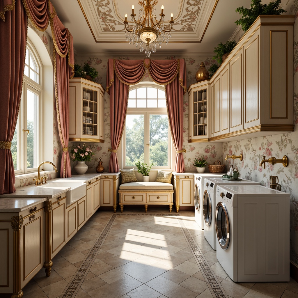 Prompt: Intricate laundry room, ornate wooden cabinetry, gilded accents, soft pastel colors, delicate floral patterns, curved lines, luxurious fabrics, velvet drapes, golden fixtures, crystal chandeliers, marble countertops, porcelain sinks, elegant faucets, subtle rococo motifs, warm ambient lighting, shallow depth of field, 1/1 composition, realistic textures, ambient occlusion.