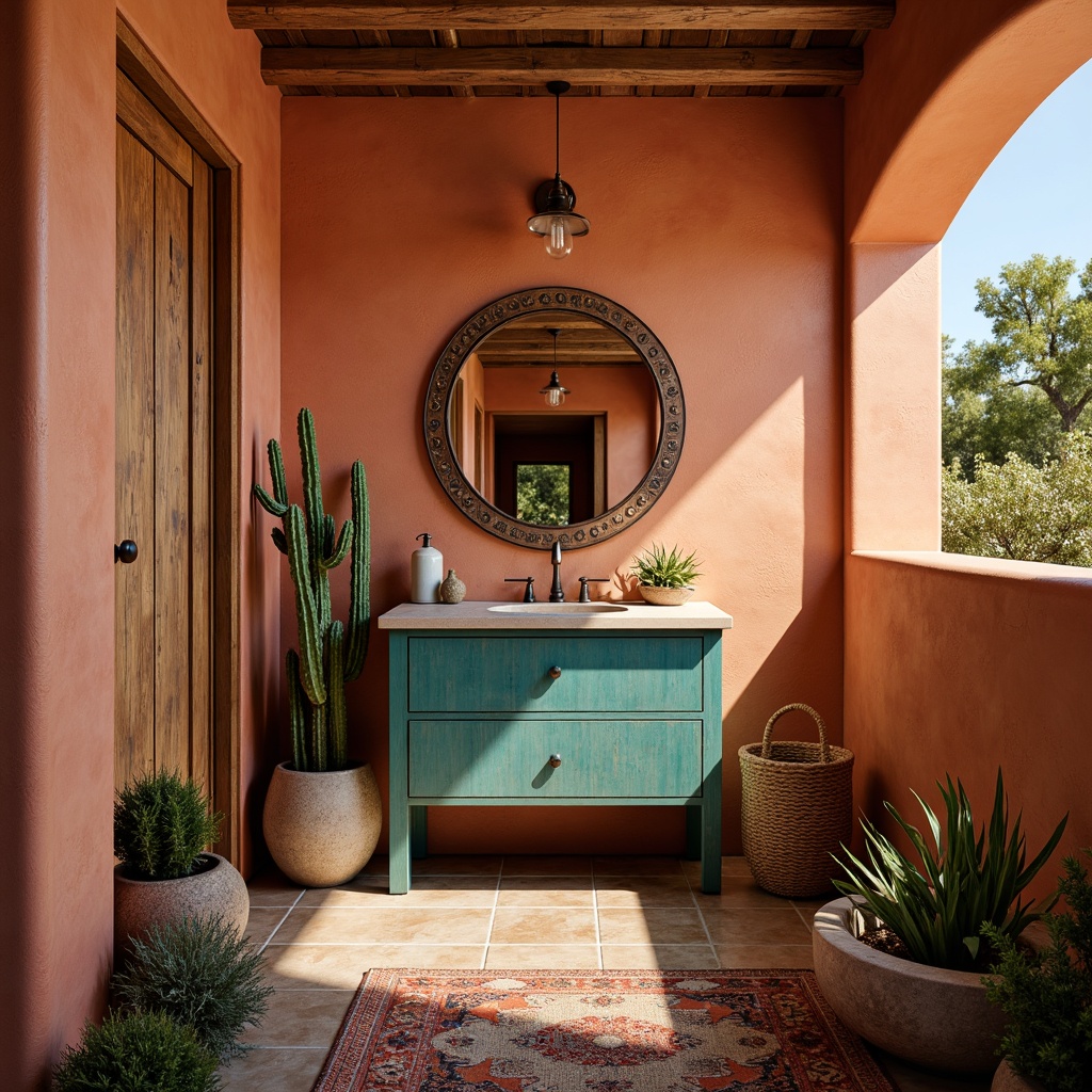 Prompt: Earthy southwestern powder room, warm terracotta walls, turquoise accents, distressed wood cabinetry, ornate metal fixtures, vibrant Native American patterns, woven textiles, natural stone flooring, desert botanicals, cactus silhouettes, warm golden lighting, soft focus, shallow depth of field, 1/2 composition, intimate atmosphere, realistic textures, ambient occlusion.