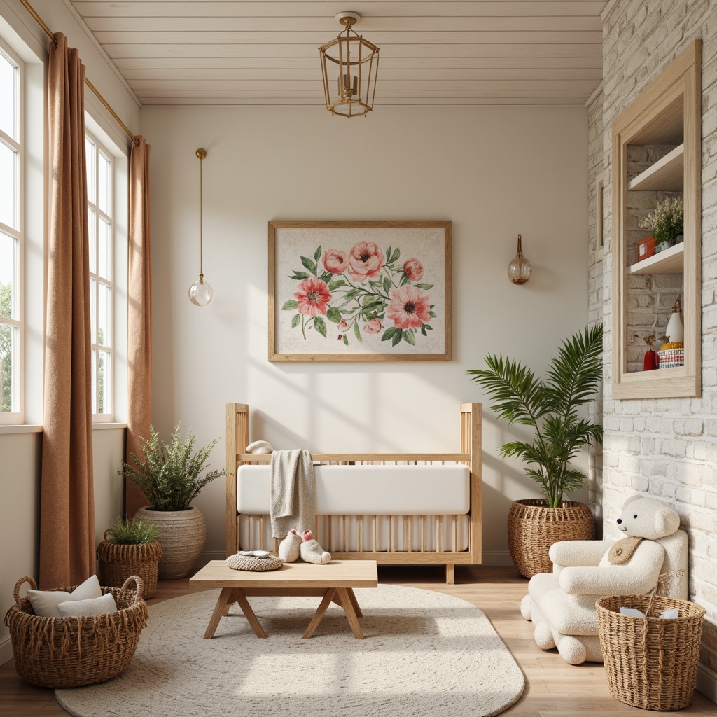 Prompt: Whimsical baby room, soft pastel colors, natural wood accents, distressed finishes, vintage-inspired wall decor, floral patterns, gentle curves, plush fabrics, rustic wooden cradles, woven baskets, delicate lace details, warm cream-colored walls, textured stonework, earthy terracotta tones, cozy reading nooks, subtle ambient lighting, 1/2 composition, soft focus, realistic textures.