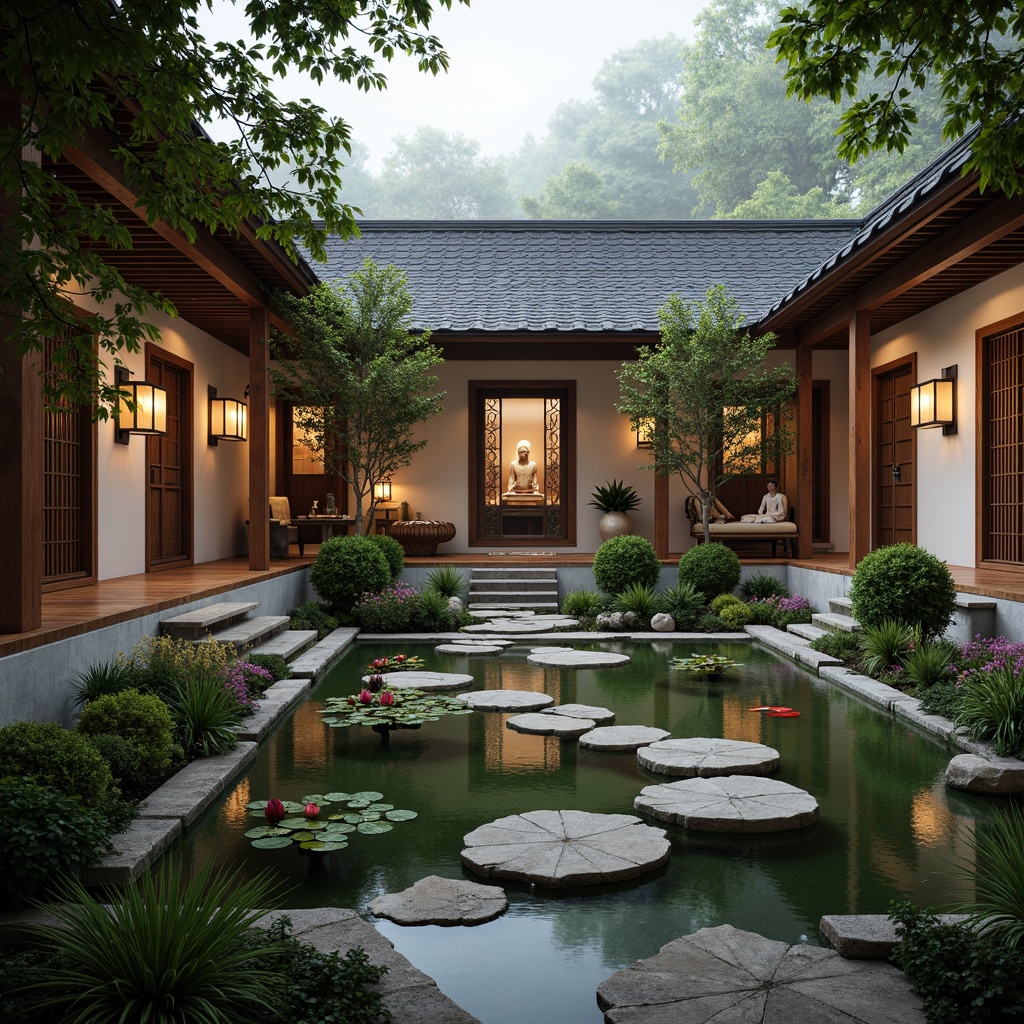 Prompt: Serenity-filled monastery courtyard, intricately carved wooden gates, tranquil koi pond, lush greenery, vibrant lotus flowers, rustic stone pathways, lantern-inspired lighting, natural wood accents, traditional Asian-style roofing, curved eaves, ornate doorways, peaceful Buddha statues, soft warm color palette, subtle texture variations, 1/1 composition, intimate camera angle, gentle warm lighting, atmospheric mist effects.