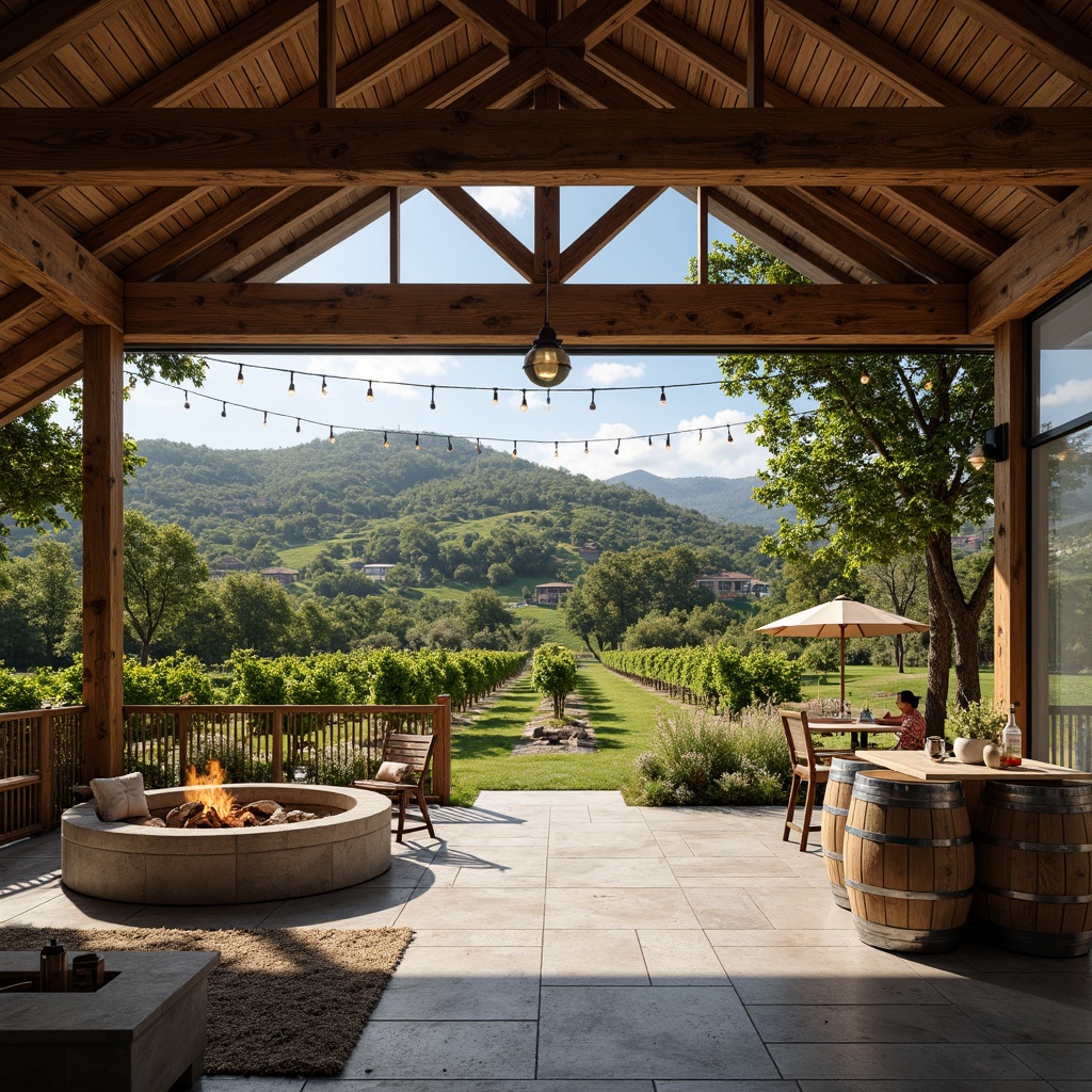 Prompt: Rustic winery, rolling vineyards, lush greenery, wooden trellises, wine barrels, tasting rooms, stone flooring, earthy tones, natural lighting, large windows, sliding glass doors, outdoor seating areas, fire pits, string lights, warm ambiance, shallow depth of field, 1/1 composition, panoramic view, realistic textures, ambient occlusion.