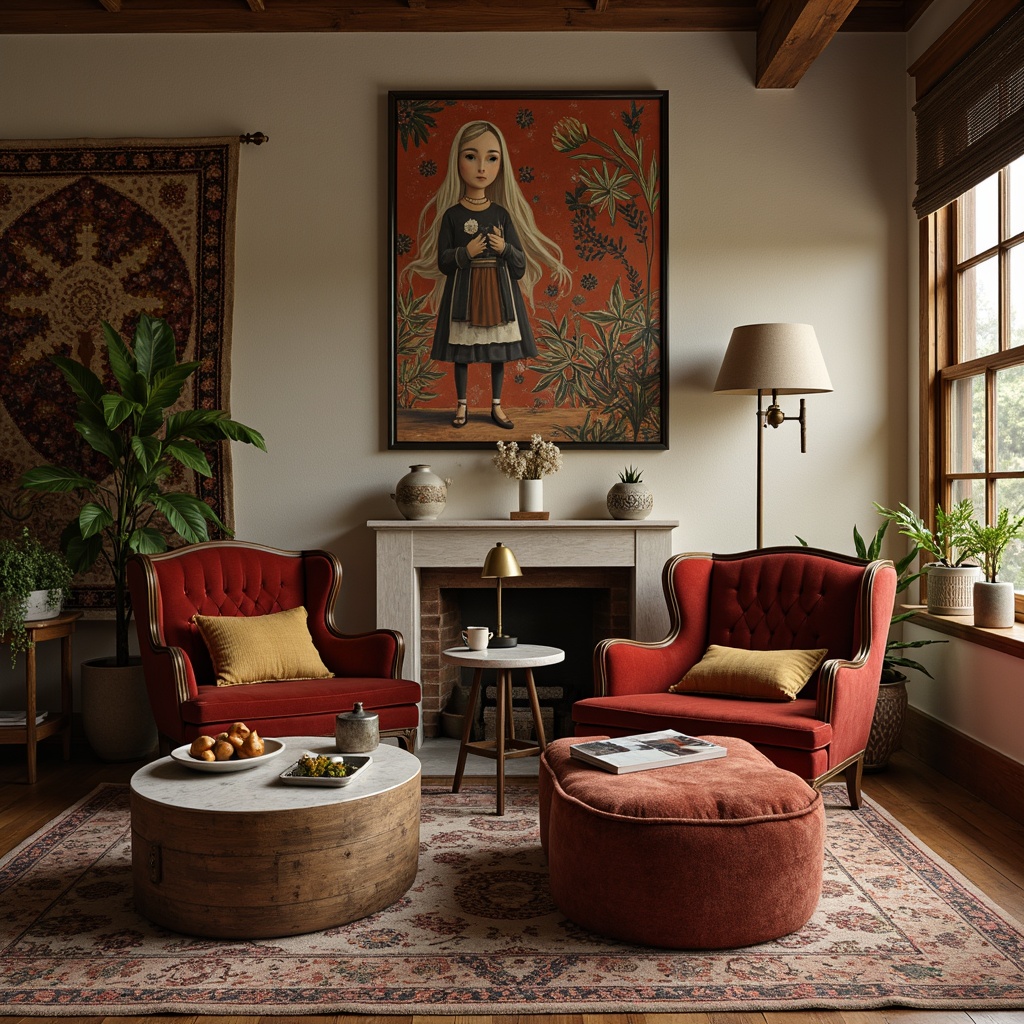 Prompt: Vintage velvet armchairs, distressed wooden coffee tables, eclectic rug patterns, industrial metal lamps, reclaimed wood shelves, bohemian tapestries, plush ottomans, minimalist marble side tables, abstract artwork, warm golden lighting, shallow depth of field, 1/2 composition, realistic textures, ambient occlusion.