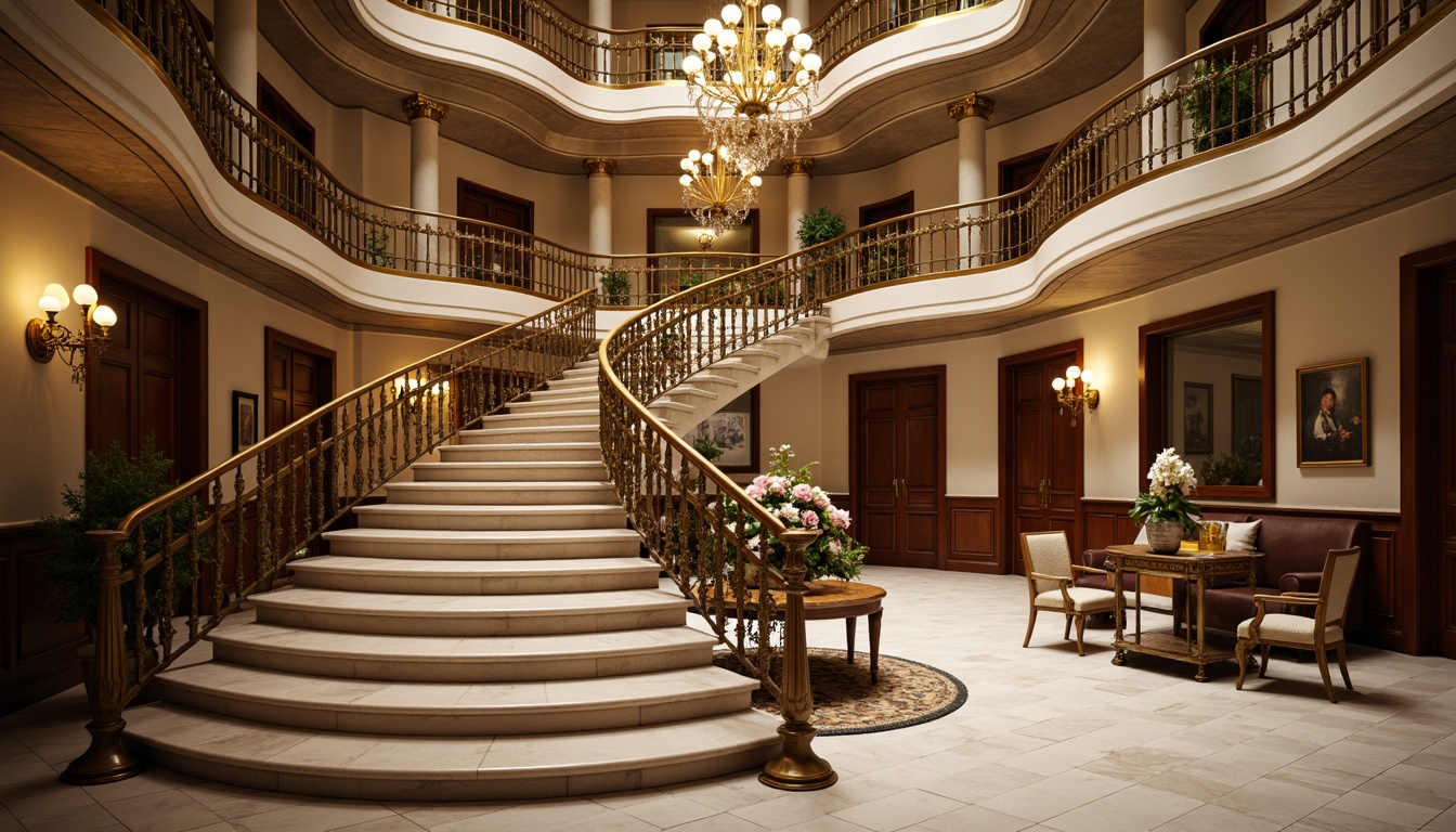 Prompt: Grand staircase, ornate balustrades, polished marble steps, intricate carvings, symmetrical layout, curved lines, regal atmosphere, luxurious materials, golden railings, crystal chandeliers, soft warm lighting, shallow depth of field, 2/3 composition, realistic textures, ambient occlusion, classicism style, elegant furnishings, refined decorations, opulent fabrics, subtle color palette, rich wood tones.