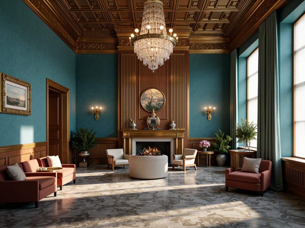 Prompt: Luxurious Art Deco interior, powder blue accent walls, metallic gold trim, ornate geometric patterns, crystal chandeliers, velvet upholstery, rich wood tones, marble flooring, bronze sculptures, lavish drapery, opulent fabrics, vintage glamour, soft warm lighting, dramatic shadows, 1/1 composition, realistic reflections, high-contrast textures.