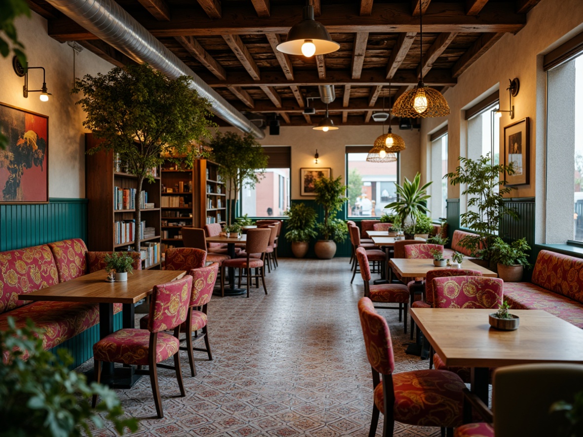 Prompt: Vintage coffee shop, eclectic decor, distressed wooden tables, mismatched chairs, vibrant colorful textiles, Moroccan-inspired tiles, industrial metal lamps, reclaimed wood accents, lush greenery, potted plants, warm cozy atmosphere, soft warm lighting, shallow depth of field, 1/1 composition, realistic textures, ambient occlusion.