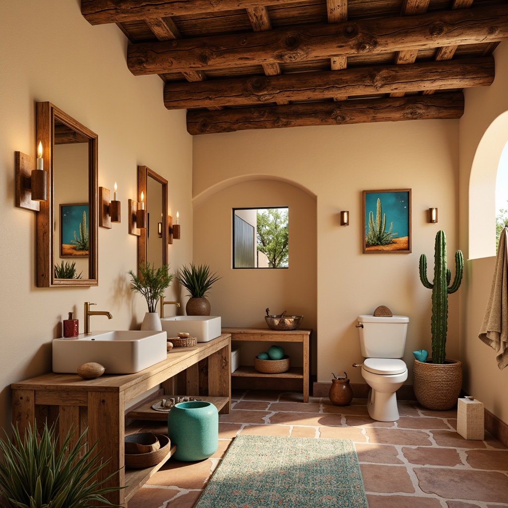 Prompt: Southwestern powder room, warm beige walls, ornate mirrors, rustic wooden furniture, vibrant turquoise accents, patterned textiles, woven baskets, natural stone flooring, desert-inspired artwork, cacti plants, warm golden lighting, shallow depth of field, 1/1 composition, soft focus, realistic textures, ambient occlusion.