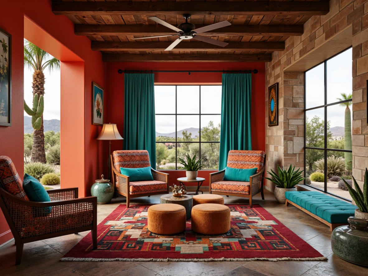 Prompt: Vibrant turquoise accents, rustic wooden furniture, woven rattan chairs, plush velvet ottomans, ornate metalwork, distressed leather armchairs, colorful Navajo-inspired patterns, geometric tile work, warm earthy tones, desert landscape views, cactus plants, succulent arrangements, natural stone flooring, reclaimed wood walls, bold red and orange hues, eclectic decorative accents, vintage accessories, soft warm lighting, shallow depth of field, 3/4 composition, realistic textures, ambient occlusion.