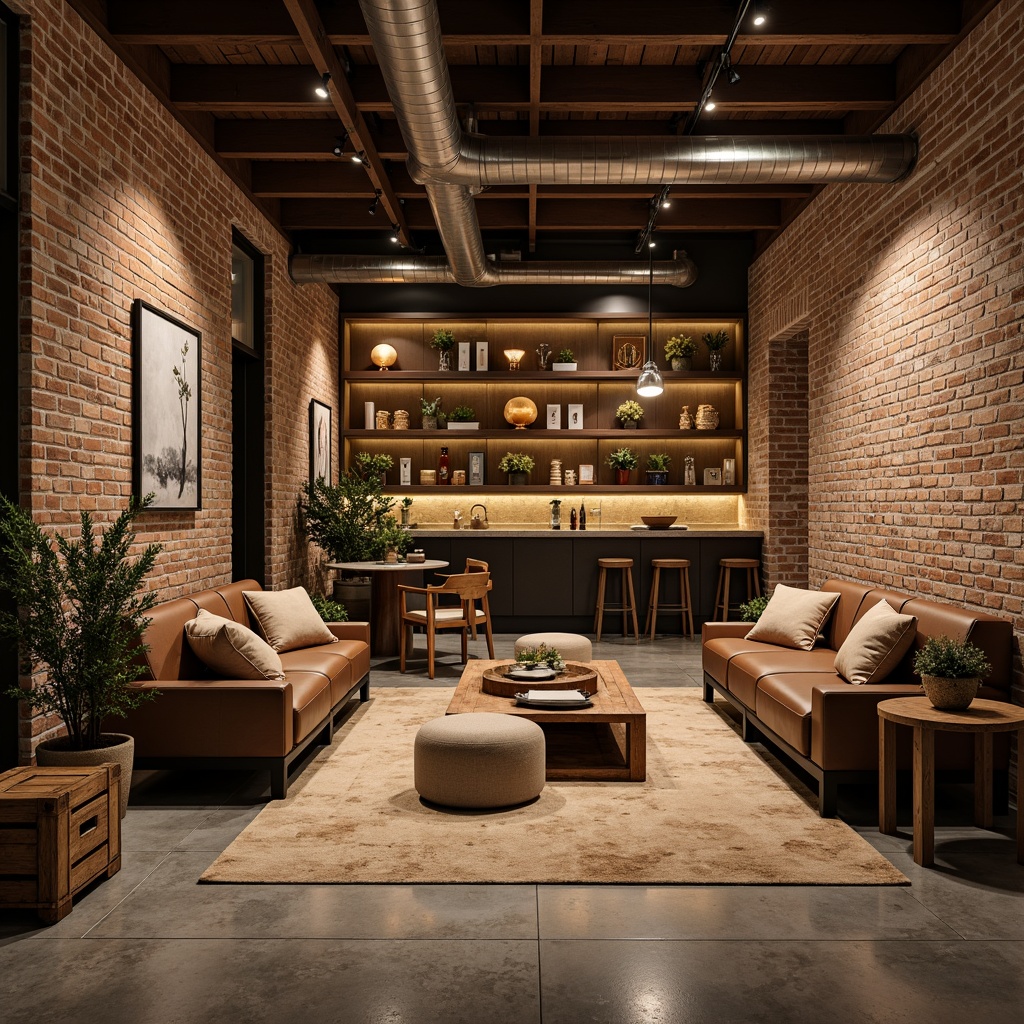 Prompt: Rustic basement atmosphere, exposed brick walls, rough-hewn stone textures, warm earthy tones, industrial metal accents, reclaimed wood planks, polished concrete floors, soft diffused lighting, cozy seating areas, natural fiber rugs, vintage decorative items, distressed wooden crates, urban loft-inspired design, rich leather upholstery, metallic epoxy paint finishes, geometric patterned tiles, modern minimalist decor.