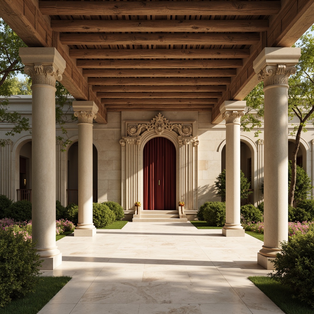 Prompt: Elegant pavilion, ornate columns, carved stone facades, refined archways, intricate moldings, luxurious velvet drapes, polished marble floors, gilded metal accents, subtle ambient lighting, warm beige color palette, soft focus, shallow depth of field, 1/1 composition, symmetrical framing, serene atmosphere, natural surroundings, lush greenery, blooming flowers.