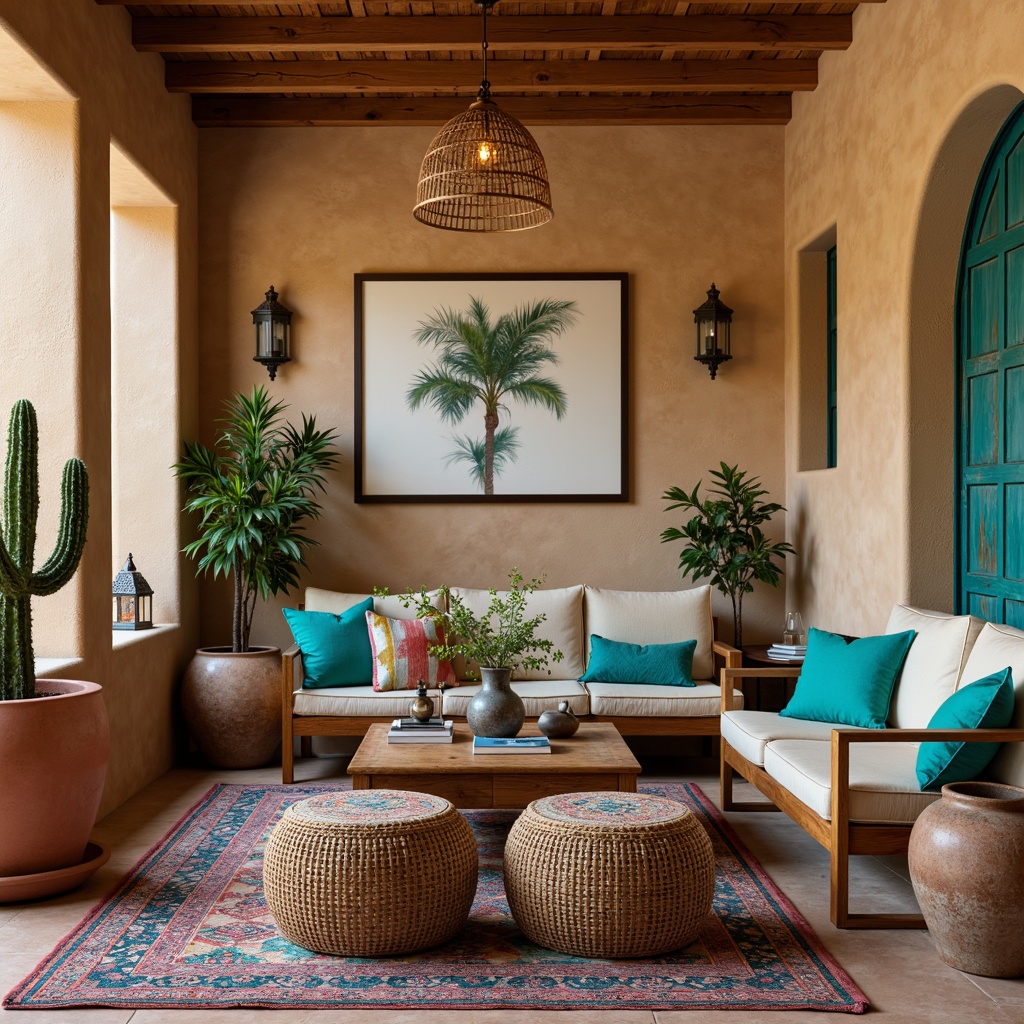 Prompt: Vibrant turquoise accents, rustic wooden furniture, woven wicker baskets, colorful ceramic vases, patterned Aztec-inspired rugs, warm beige stucco walls, ornate metal lanterns, distressed leather ottomans, natural fiber textiles, earthy terracotta planters, fragrant potted cacti, soft warm lighting, shallow depth of field, 3/4 composition, intimate cozy atmosphere, realistic textures, ambient occlusion.