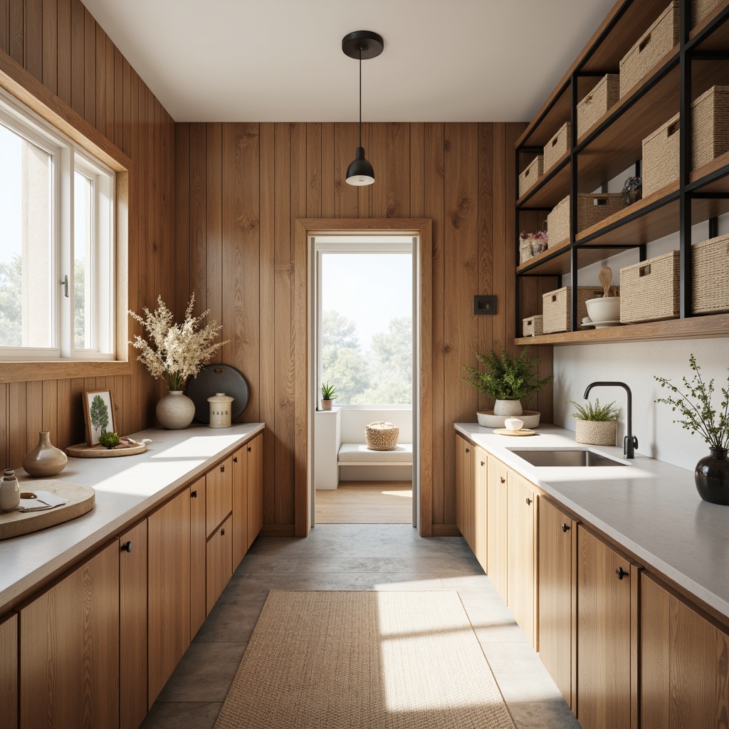 Prompt: Light-filled Scandinavian pantry, minimalist aesthetic, warm wooden accents, sleek handle-less cabinets, matte white countertops, industrial-chic metal shelving, woven basket storage, ceramic vase decorations, natural linen textiles, pendant lighting fixtures, soft warm glow, shallow depth of field, 3/4 composition, panoramic view, realistic textures, ambient occlusion.