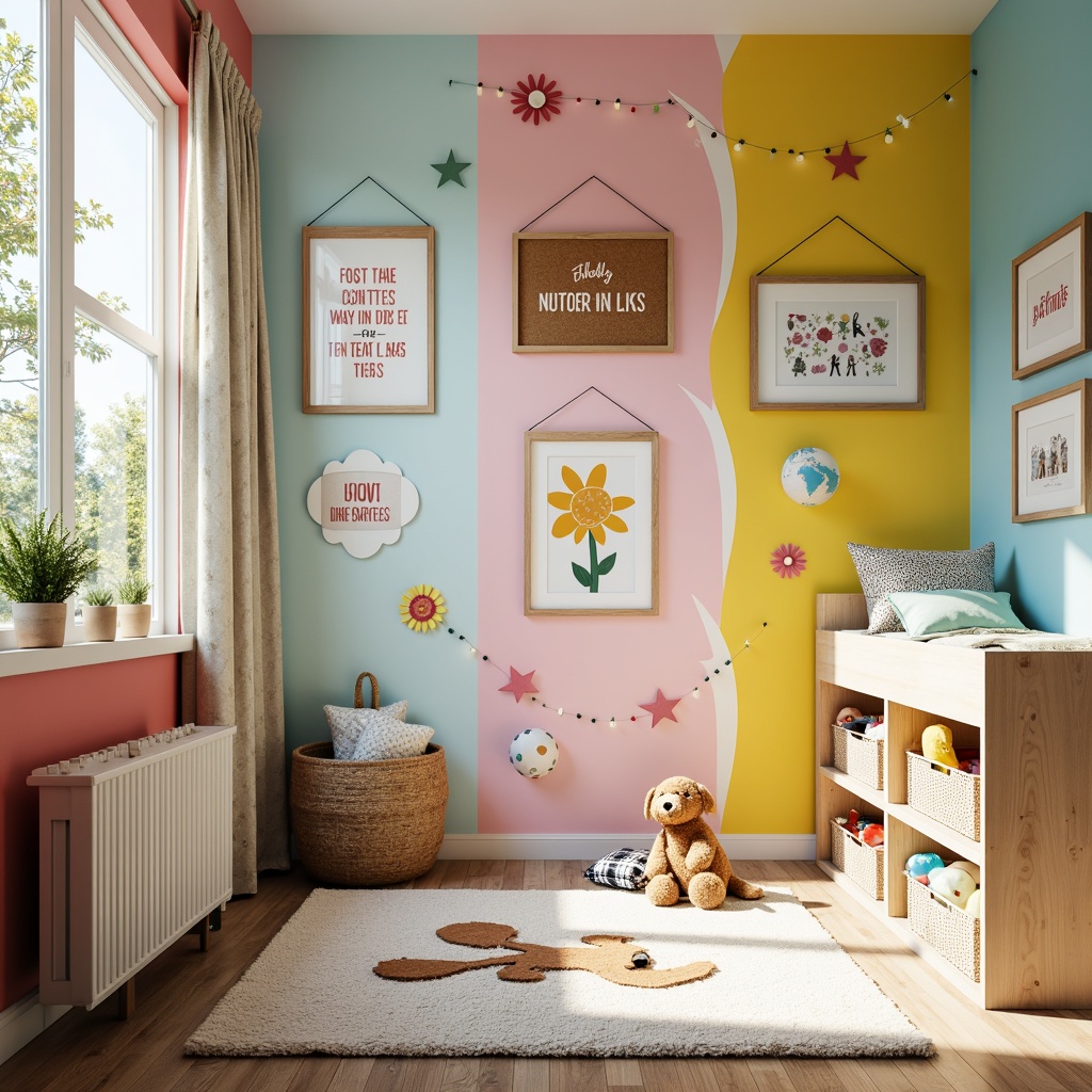 Prompt: Whimsical kids' bedroom, bright colored walls, fun geometric shapes, inspirational quotes, cartoon character decals, framed childhood artwork, corkboard displays, 3D paper flowers, string lights, soft pastel hues, minimalistic furniture, cozy reading nook, plush area rug, natural wood accents, circular mirrors, creative storage bins, personalized name signs, playful polka dots, hot air balloon silhouettes, sunny afternoon lighting, shallow depth of field, 1/2 composition, realistic textures.