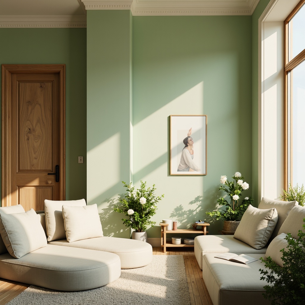 Prompt: Soft warm lighting, pastel light green walls, creamy white trim, natural wood accents, comfortable furniture, plush cushions, lush greenery, blooming flowers, subtle earthy tones, calming atmosphere, serene ambiance, relaxing vibe, gentle curves, rounded shapes, minimal ornamentation, soft shadows, 1/1 composition, intimate setting, cozy nook, inviting decor.