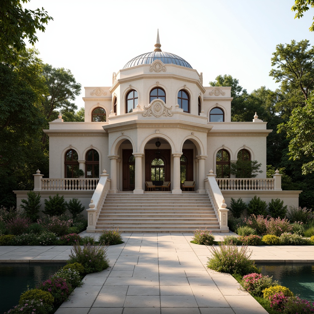 Prompt: Grandiose pavilion, symmetrical facade, ornate columns, arched windows, domed roof, intricately carved details, lush greenery, vibrant flowers, serene water features, natural stone walkways, elegant staircases, classic proportions, harmonious balance, subtle color palette, soft warm lighting, shallow depth of field, 1/1 composition, panoramic view, realistic textures, ambient occlusion.