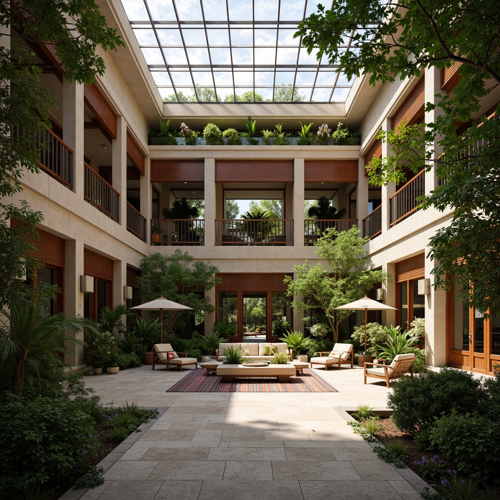 Prompt: Grand courtyard, lush tropical plants, natural stone flooring, wooden accents, high ceilings, clerestory windows, soft warm lighting, indirect sunlight, ambient shadows, ornate metalwork, intricate carvings, vibrant colorful tiles, elegant furnishings, spacious atrium, open-air corridors, exotic wood textures, subtle aroma of blooming flowers, gentle breeze, realistic reflections, shallow depth of field, 3/4 composition, panoramic view.