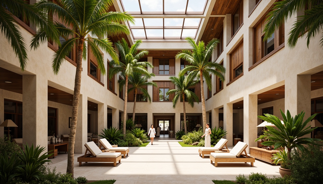 Prompt: Grand courthouse entrance, tropical palm trees, lush greenery, natural stone walls, wooden accents, high ceilings, clerestory windows, warm beige colors, soft diffused lighting, ambient shadows, 3/4 composition, realistic textures, subtle reflections, ornate wooden furnishings, vintage decorative elements, airy open spaces, relaxed atmosphere, morning sunlight, gentle tropical breeze.