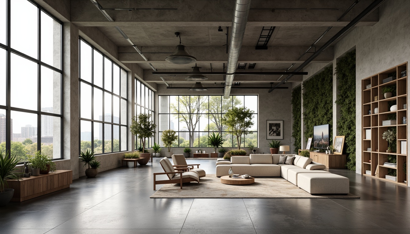 Prompt: Open-plan living area, minimalist decor, sleek lines, polished concrete floors, floor-to-ceiling windows, natural light, airy atmosphere, functional zones, flexible furniture, modular shelving units, industrial-chic accents, metallic tones, greenery walls, urban loft vibe, 1/1 composition, shallow depth of field, softbox lighting, warm color palette, ambient occlusion.