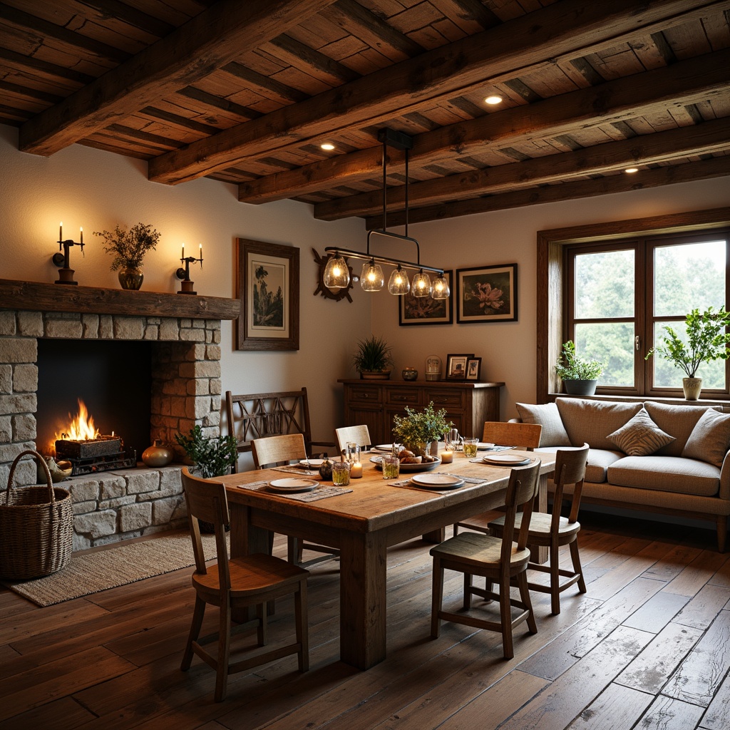 Prompt: Rustic dining room, wooden furniture, natural textures, earthy tones, vintage decorations, candlelight ambiance, stone fireplace, wooden beams, distressed finishes, natural fabrics, woven baskets, potted plants, country-style accessories, warm color palette, cozy atmosphere, shallow depth of field, 1/1 composition, realistic wood grains, ambient occlusion.