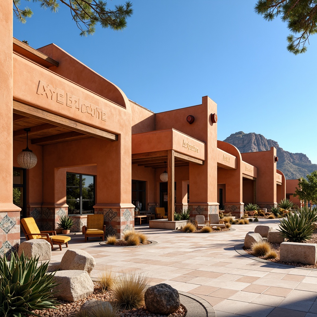 Prompt: Vibrant southwestern bus station, adobe-inspired architecture, warm earthy tones, terracotta roofs, curved lines, natural stone walls, stucco finishes, rustic metal accents, unique lighting fixtures, pendant lanterns, colorful tile work, geometric patterns, bold typography, desert landscape, cactus plants, clear blue sky, sunny day, soft warm lighting, shallow depth of field, 3/4 composition, panoramic view, realistic textures, ambient occlusion.