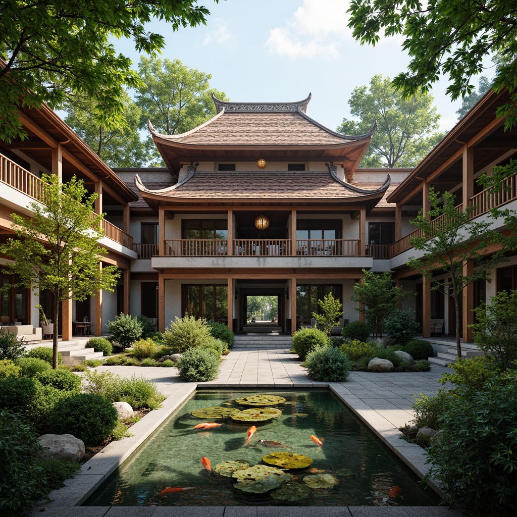 Prompt: Intricate Buddhist temple, serene courtyard, lush greenery, vibrant koi ponds, natural stone walls, wooden accents, traditional Asian roofing, ornate carvings, golden lanterns, soft warm lighting, shallow depth of field, 3/4 composition, panoramic view, realistic textures, ambient occlusion.