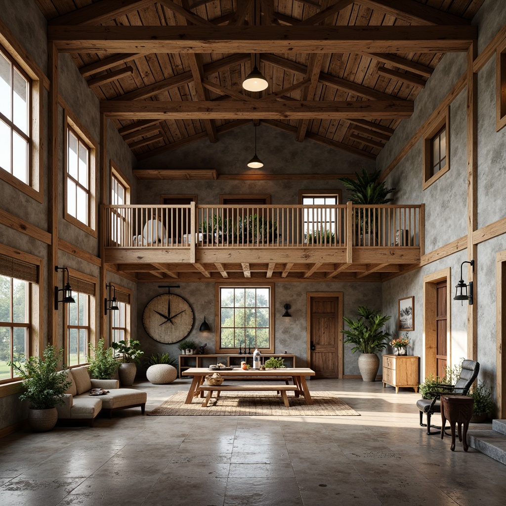 Prompt: Rustic farmhouse, vintage airplane hangar, distressed wood textures, earthy tones, muted greens, weathered metals, industrial lighting fixtures, reclaimed wooden accents, natural stone walls, airy open spaces, modern minimalist furniture, soft warm lighting, shallow depth of field, 1/1 composition, realistic textures, ambient occlusion.