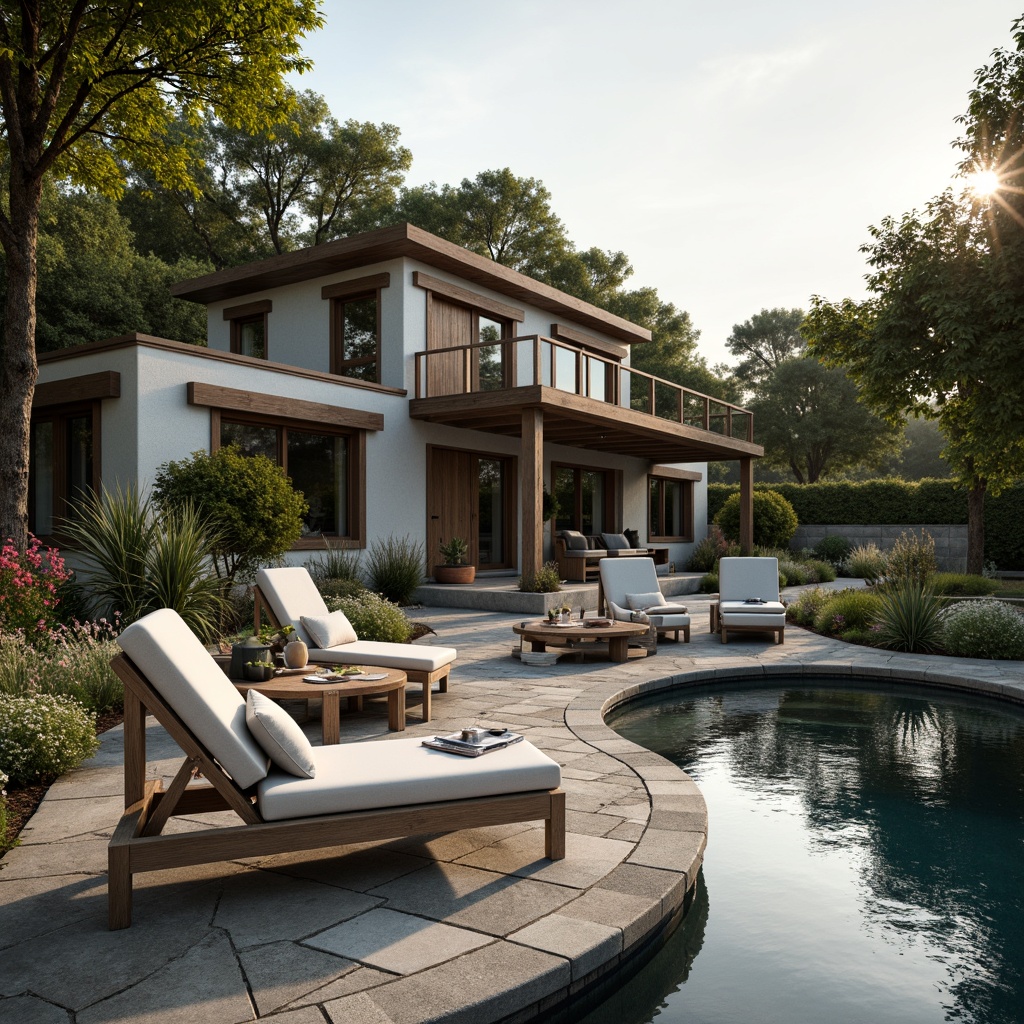 Prompt: Rustic farmhouse, natural stone pool surround, wooden deck, comfortable lounge chairs, plush outdoor pillows, lush greenery, blooming flowers, tranquil water features, soft warm lighting, serene ambiance, shallow depth of field, 1/1 composition, realistic textures, ambient occlusion.