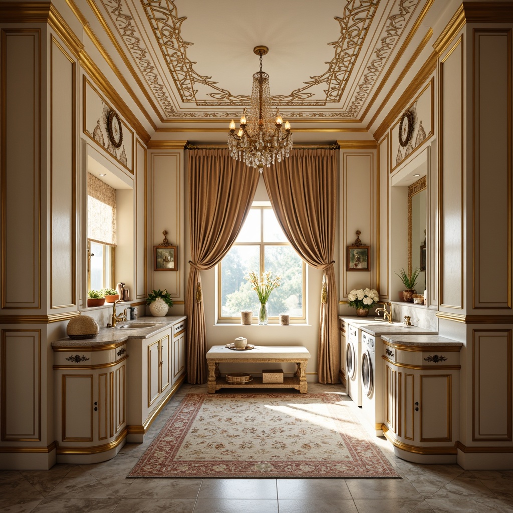 Prompt: Luxurious laundry room, ornate gold accents, delicate plasterwork, soft pastel hues, intricately carved wooden cabinets, curved lines, shell motifs, elegant chandeliers, velvety drapes, marble countertops, porcelain sinks, antique bronze faucets, richly patterned rugs, warm golden lighting, shallow depth of field, 1/2 composition, ornate picture frames, soft focus, realistic textures, ambient occlusion.