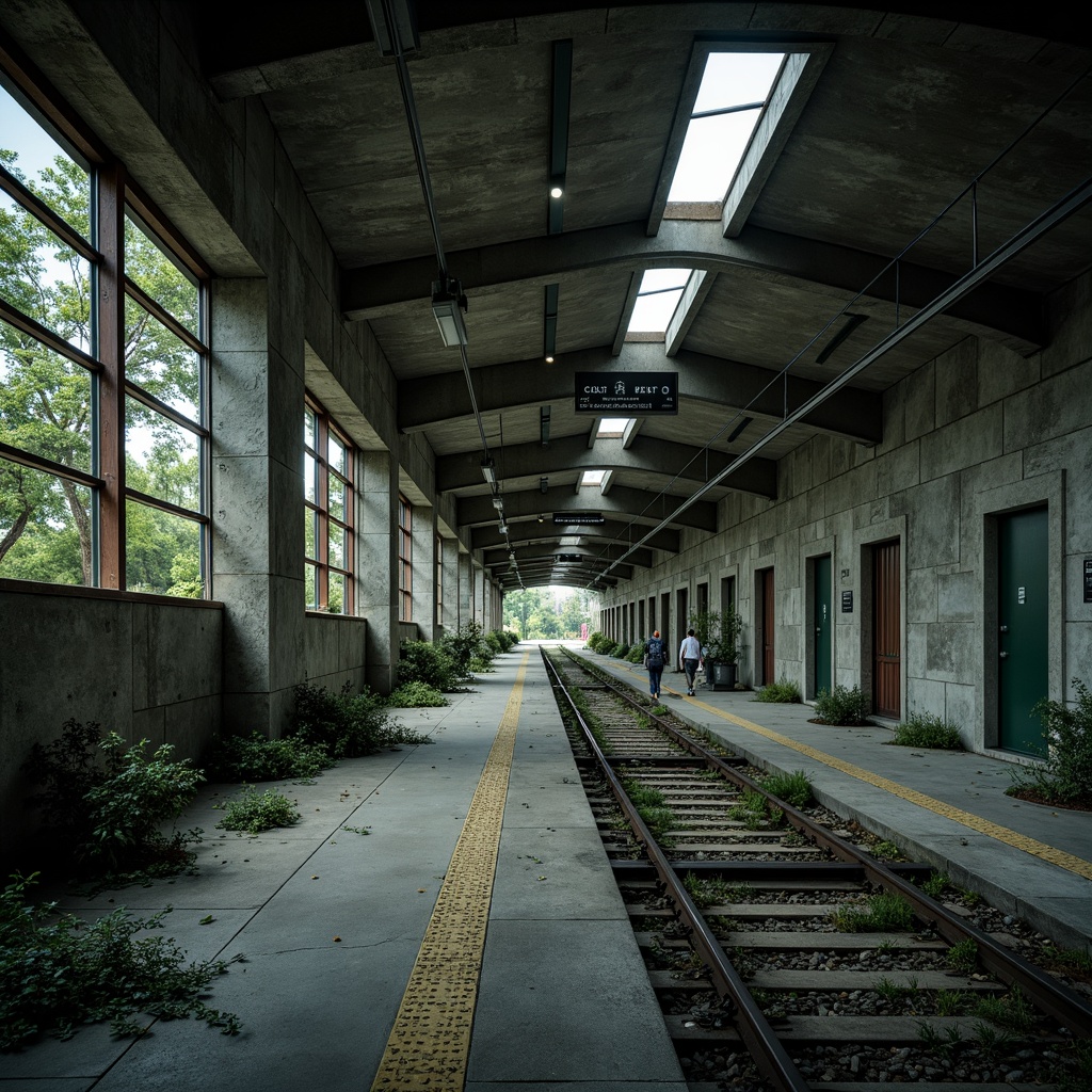 Prompt: Industrial brutalist train station, exposed concrete structures, rugged stone walls, metallic beams, functional architecture, utilitarian aesthetic, monochromatic color scheme, dark grey tones, industrial green accents, weathered steel surfaces, distressed textures, urban grittiness, raw concrete floors, overhead track systems, dramatic lighting, stark shadows, cinematic atmosphere, high-contrast photography, moody ambient occlusion.