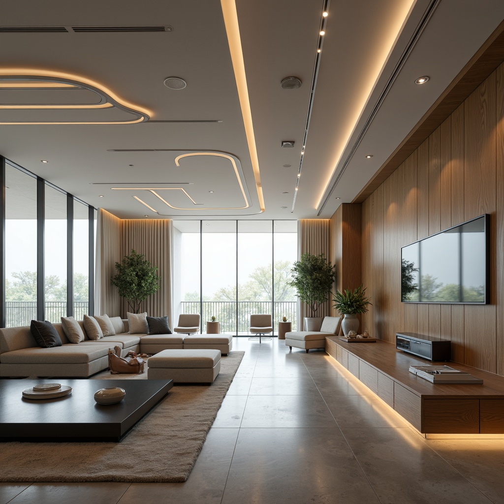 Prompt: Streamlined interior, minimalist decor, smooth curved lines, monochromatic color scheme, sleek metallic accents, recessed lighting fixtures, soft ambient glow, indirect illumination, LED strips, floor-to-ceiling windows, natural daylight, futuristic ambiance, high-tech gadgets, modern furniture pieces, polished stone floors, subtle texture variations, warm neutral tones, 1/1 composition, shallow depth of field, panoramic view.