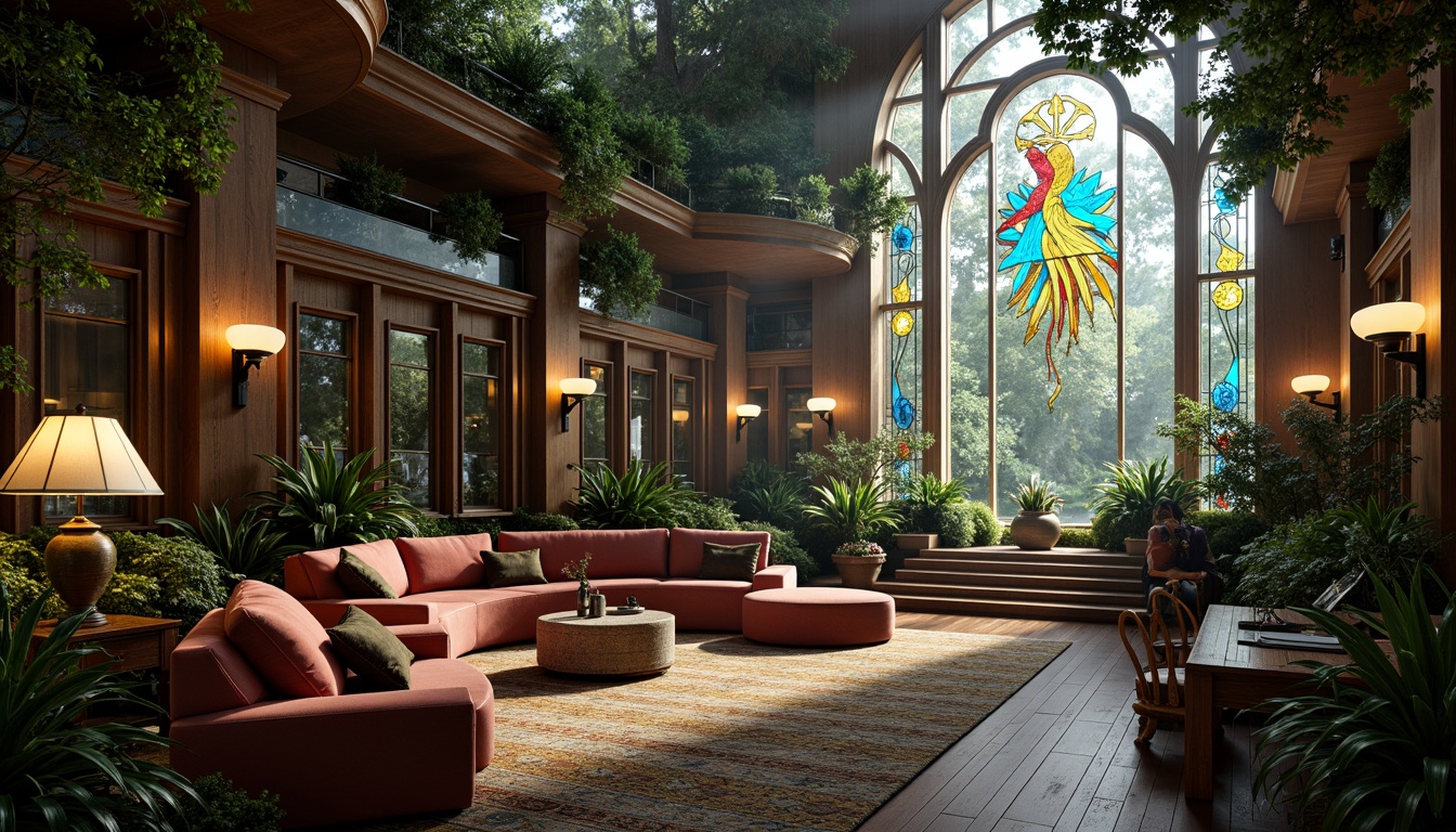 Prompt: Intricate Art Nouveau architecture, ornate metalwork, flowing organic lines, luxurious velvet fabrics, jewel-toned stained glass windows, rich wood paneling, elegant curves, soft warm lighting, mystical forest surroundings, misty atmosphere, 1/1 composition, detailed textures, ambient occlusion.