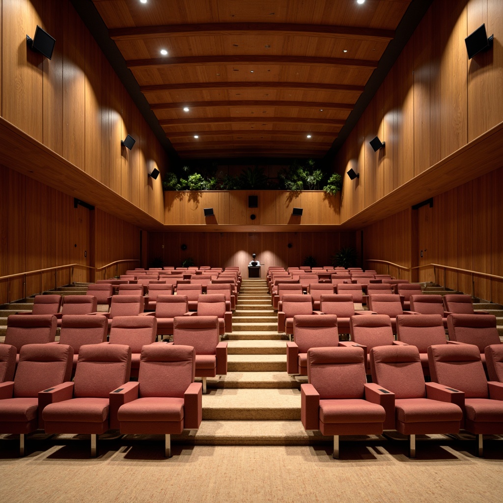 Prompt: Auditorium interior, mid-century modern design, curved lines, wooden accents, comfortable seating arrangement, plush velvet chairs, polished chrome legs, ample legroom, staggered row layout, central aisle, raised platform, speaker podium, retro-inspired lighting fixtures, warm color palette, rich walnut wood tones, soft carpet flooring, subtle patterned upholstery, dramatic ceiling height, symmetrical composition, 1/2 camera angle, softbox lighting, realistic fabric textures.