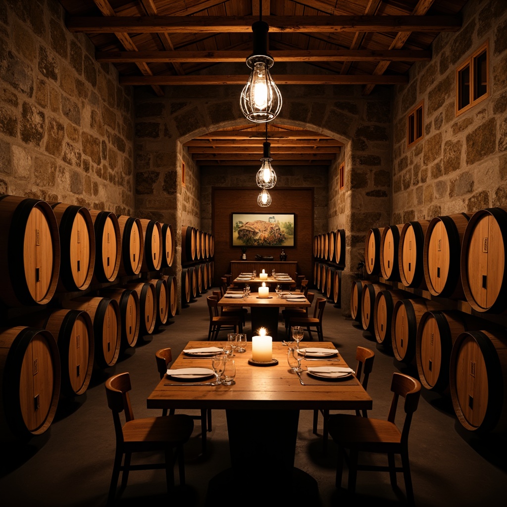 Prompt: Rustic winery, wooden barrels, dimmed warm lighting, vintage metal chandeliers, candle-lit tables, earthy color palette, stone walls, natural textiles, cozy atmosphere, soft shadows, relaxed ambiance, wine cellar, aged wood accents, industrial-chic lighting, pendant lamps, distressed finishes, warm color tones, intimate seating areas, low-hanging lanterns.