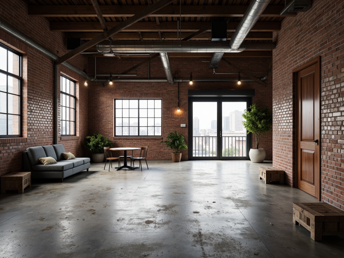 Prompt: Exposed brick walls, industrial steel beams, distressed concrete floors, raw metal pipes, urban cityscape views, minimalist decor, reclaimed wood accents, Edison bulb lighting, functional exposed ductwork, brutalist architectural style, high ceilings, open floor plans, sparse greenery, industrial-style metal doors, warehouse-inspired windows, urban grittiness, soft natural light, low-key color palette, 3/4 composition, realistic textures, ambient occlusion.