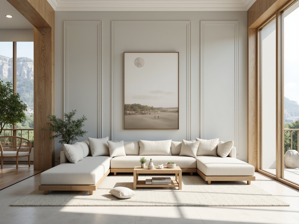 Prompt: Soft light gray walls, creamy white trim, warm beige furniture, natural wood accents, calming blue-green botanicals, gentle cream-colored fabrics, subtle silver metallic hints, elegant modern minimalism, airy open space, floor-to-ceiling windows, abundant natural lighting, 1/1 composition, realistic textures, soft focus, serene atmosphere.