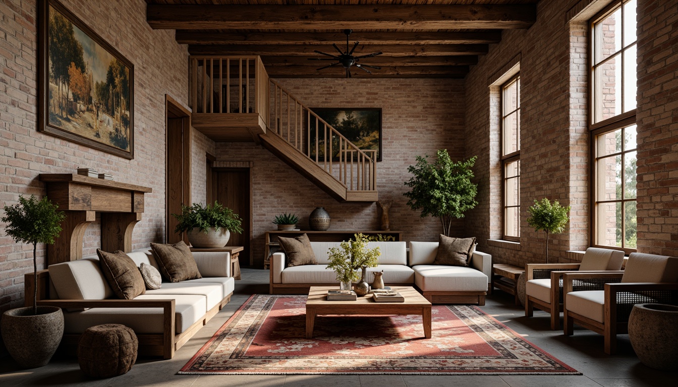 Prompt: Rustic wooden accents, distressed finishes, exposed brick walls, natural stone flooring, earthy color palette, organic shapes, reclaimed wood beams, vintage metal fixtures, woven textiles, tactile upholstery, intricate carvings, ornate moldings, richly patterned rugs, warm ambient lighting, shallow depth of field, 1/1 composition, realistic materiality, atmospheric rendering.