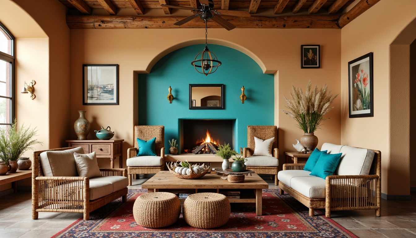 Prompt: Vibrant turquoise accents, warm beige walls, rustic wooden furniture, woven wicker chairs, plush velvet ottomans, colorful Navajo-inspired patterns, natural linen upholstery, distressed leather armchairs, ornate metal fixtures, earthy terracotta vases, fragrant pampas grass arrangements, soft warm lighting, shallow depth of field, 1/1 composition, realistic textures, ambient occlusion.