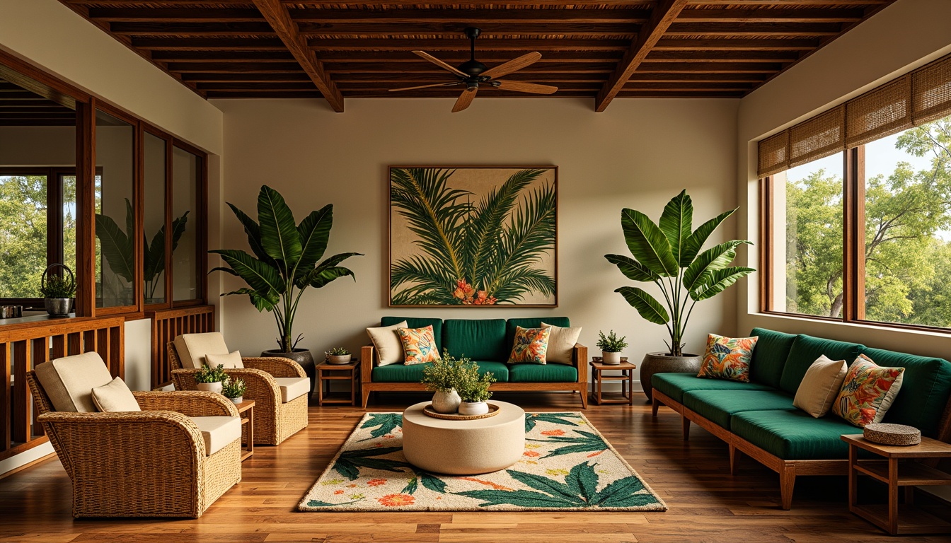 Prompt: Tropical family room, rich wooden flooring, exotic hardwood textures, woven rattan furniture, plush green velvet sofas, vibrant floral patterns, natural fiber rugs, palm tree-inspired decor, warm golden lighting, shallow depth of field, 1/1 composition, soft focus effect, realistic wood grain details, ambient occlusion.